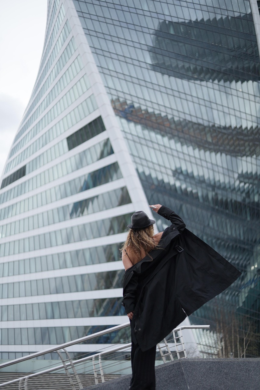 creative-03 woman, skyscrapers, business city, posing, model, fashion, style, urban style, black clothes, metal and glass, moscow city, modern city