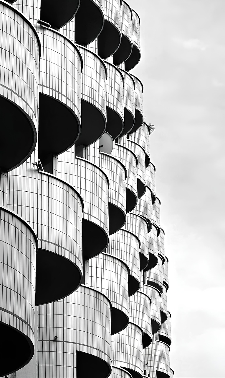 digital-01 modern, architecture, facade, balconies, urban, building, black and white